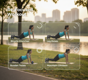 Woman doing four outdoor exercises: Bicycle crunches, Leg raises, Russians twists, and Mountains climbers.