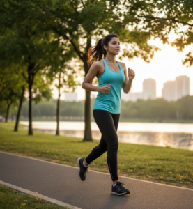 A Young woman jogging in a park as part of a healthy routine for how to lose weight in 10 days.
