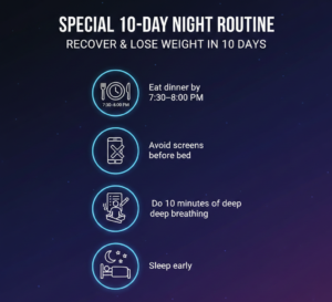 10-day night routine for weight loss including early dinner, avoiding screens, deep breathing, and sleeping early.