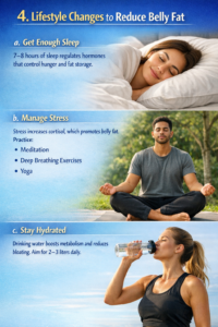 Person meditating, drinking water, and sleeping peacefully, illustrating lifestyle changes to reduce belly fat and how to lose belly fat naturally.