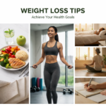 A professional weight loss tips collage featuring healthy food, exercise, meditation, good sleep, and journaling habits.