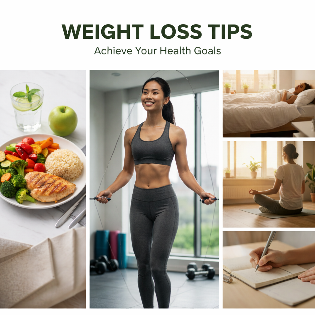 A professional weight loss tips collage featuring healthy food, exercise, meditation, good sleep, and journaling habits.