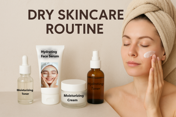 Dry skin care routine with hydrating skincare products and woman applying moisturizer for soft, glowing skin.