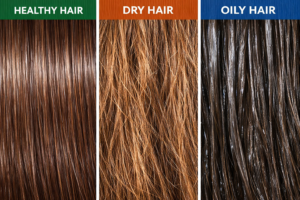 Close-up comparison of healthy, dry, and oily hair strands showing differences in texture and shine.