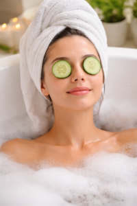 Person applying chilled cucumber slices over closed eyes for dark circles treatment.