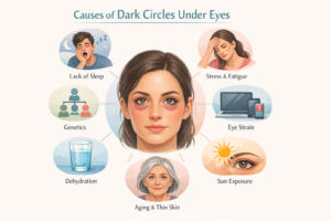Infographic showing causes of dark circles including lack of sleep, stress, genetics, screen time, dehydration, aging, and sun exposure.
