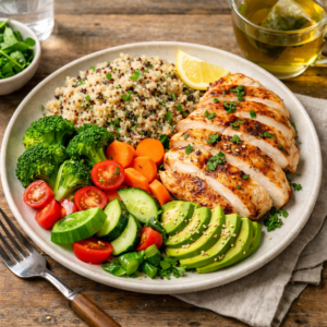 Alt Text:Healthy meal plate with protein, vegetables, and whole grains, illustrating a natural diet to help reduce belly fat and showing how to lose belly fat naturally.