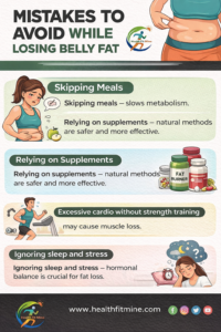 Infographic of mistakes to avoid for how to lose belly fat naturally.