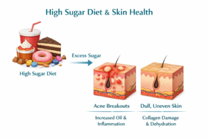 Acne and dull skin linked to high sugar diet – Sugar Side Effects & How to Reduce Them.