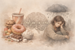 Mental health concept image linking high sugar diet to depression, muted tones – 9 Sugar Side Effects & How to Reduce Them.