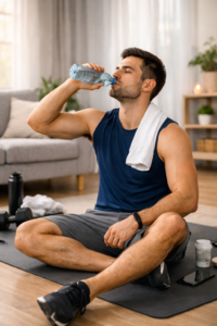 Person drinking water after workout for muscle recovery – How to Build Muscle Without Gym Effective Guide.