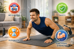 Person doing home workouts showing benefits of fitness – How to Build Muscle Without Gym Effective Guide.