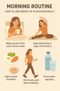 Morning routine illustration showing lemon water, stretching, high-protein breakfast, walking, and drinking water for natural weight loss in 10 days.