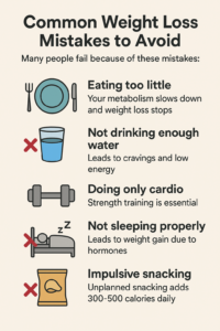 Infographic showing common weight loss mistakes including eating too little, not drinking enough water, doing only cardio, poor sleep, and impulsive snacking.