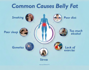 Infographic showing the main causes of belly fat, including poor diet, lack of exercise, stress, genetics, and sleep deprivation, with tips on how to lose belly fat naturally.