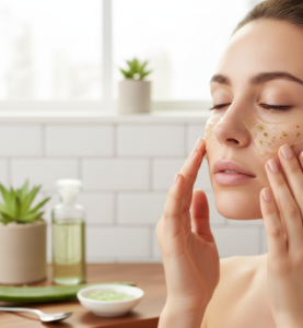 Person applying fresh aloe vera gel under the eyes for dark circles treatment.