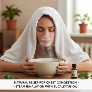 Natural Remedies for Cough steam inhalation using a bowl with eucalyptus oil to relieve chest congestion and cough.