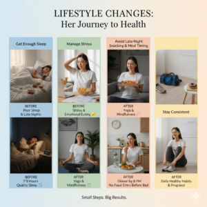 nfographic highlighting lifestyle changes for weight loss, including enough sleep, stress management, avoiding late-night snacking, consistency, and proper meal timing.