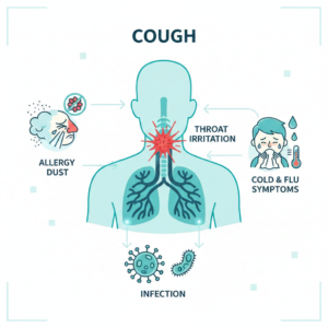 Natural Remedies for Cough infographic showing causes of cough like throat irritation, allergy dust, and cold flu symptoms.