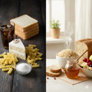 Side-by-side image comparing unhealthy refine foods with healthier whole-food options.