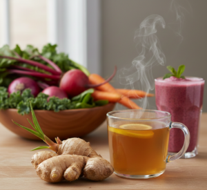 Home remedies for high blood pressure with fresh ginger and ginger tea for improved circulation and heart health.