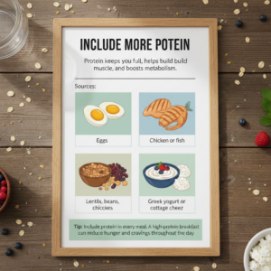 Protein-rich foods like eggs, chicken, fish, beans, and Greek yogurt; supports fullness, muscle growth, and metabolism.