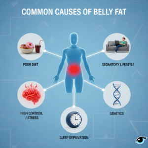 Infographic showing the main causes of belly fat, including poor diet, lack of exercise, stress, genetics, and sleep deprivation, with tips on how to lose belly fat naturally.