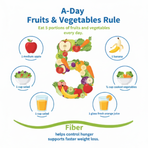 A-Day Fruits & Veggies: 5 daily portions like apple, banana, salad, and juice. Fiber helps control hunger and aids weight loss.