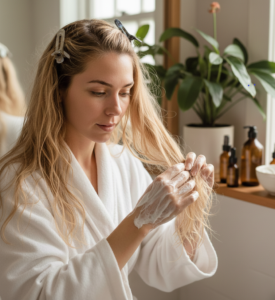 Woman applying a nourishing hair mask on dry hair at home as part of her hair care routine.