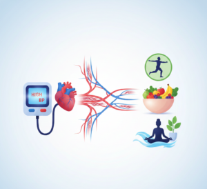 Home Remedies for High Blood Pressure explained with a digital BP monitor, heart health icons, and healthy lifestyle elements.