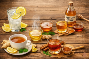 Glass of lemon water, cup of ginger tea, and apple cider vinegar with honey, showcasing natural home remedies to help how to lose belly fat naturally.