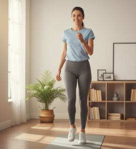 Beginner performing arm circles in living room, Home Workout for Beginners.