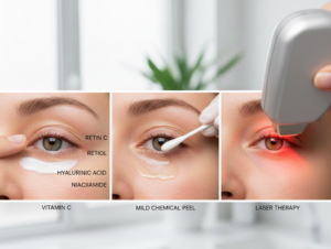 Realistic image showing dark circles treatment: eye cream application, chemical peel, and laser therapy on under-eye skin in a professional skincare setting.