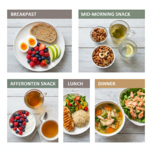 Infographic showing a healthy weight-loss meal plan with balanced breakfast, snacks, lunch, and light dinner.