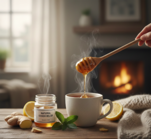 Honey for cough relief in warm tea, natural home remedy for soothing throat and reducing cough, soft lighting, cozy health blog style.