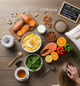 Healthy foods including eggs, nuts, and fish displayed for hair growth, with a focus on vitamins and scalp care for strong, shiny hair.