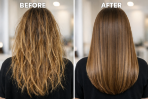 Before and after damaged hair repair results showing dry and frizzy hair transformed into smooth and healthy hair using a hair care routine for dry, oily, and damaged hair.