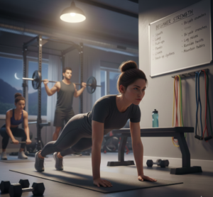 A woman doing a plank exercise in a gym while other people work out in the background, with dumbbells, resistance bands, and a “Beginner Strength” workout board visible on the wall.