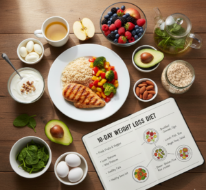 A table with healthy weight-loss foods including grilled chicken, rice, vegetables, fruits, yogurt, nuts, tea, and a 10-day weight loss diet plan notebook.