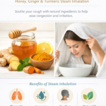 Natural remedies for cough: honey, ginger, turmeric milk, and steam inhalation on a clean medical-style setup, cozy and professional health blog image.