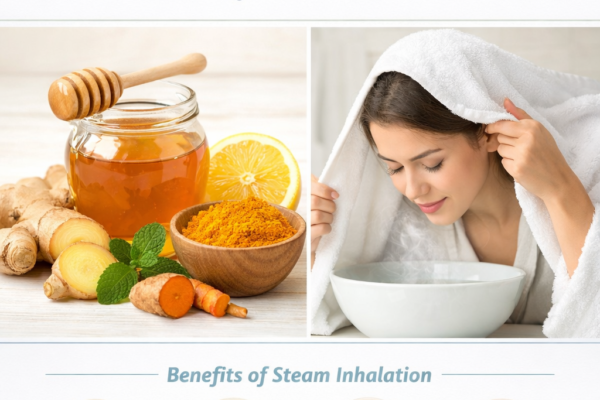 Natural remedies for cough: honey, ginger, turmeric milk, and steam inhalation on a clean medical-style setup, cozy and professional health blog image.