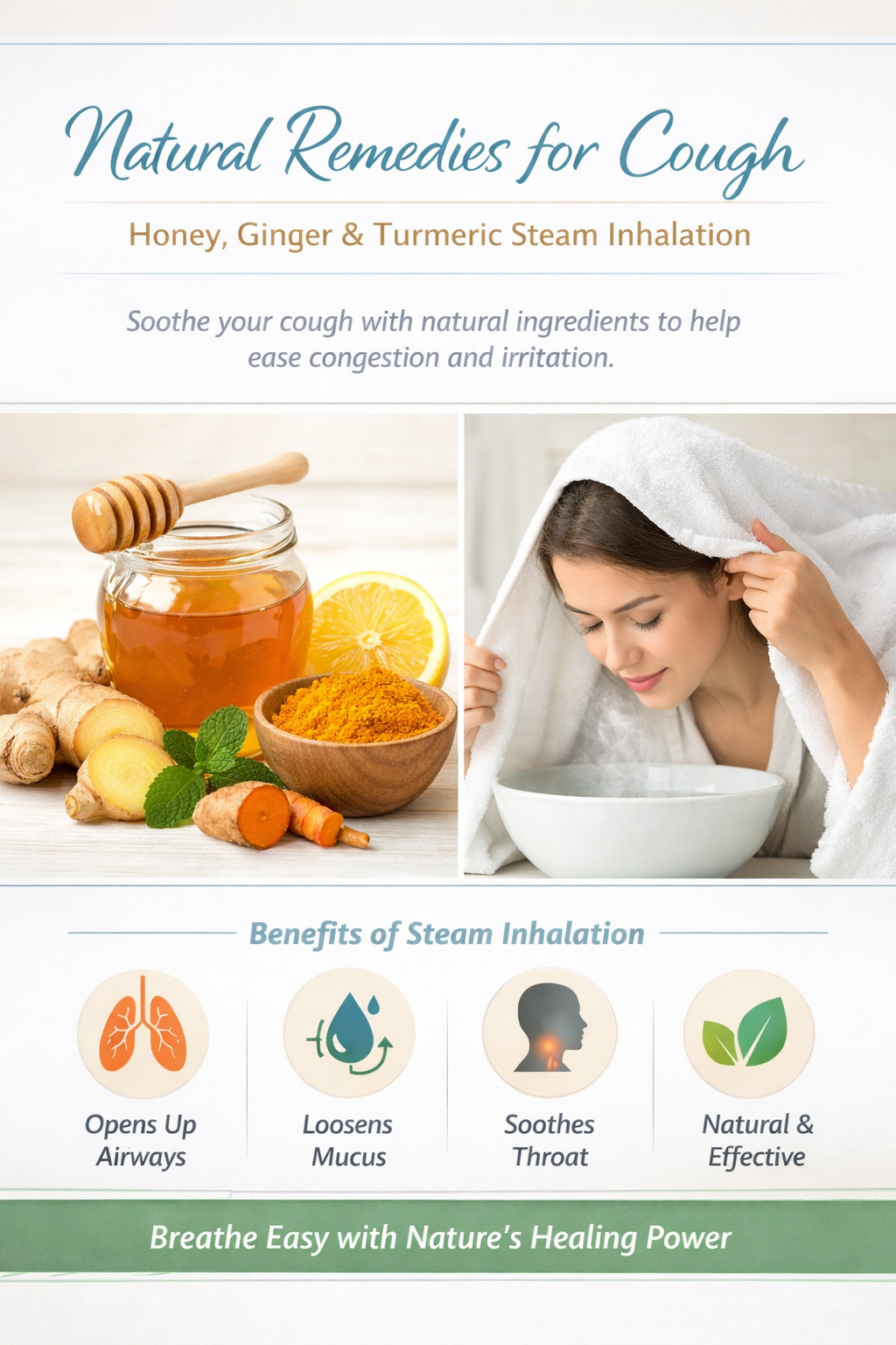 Natural remedies for cough: honey, ginger, turmeric milk, and steam inhalation on a clean medical-style setup, cozy and professional health blog image.