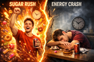 Concept image of energy crash after sugar intake, showing temporary boost and fatigue – 9 Sugar Side Effects & How to Reduce Them.
