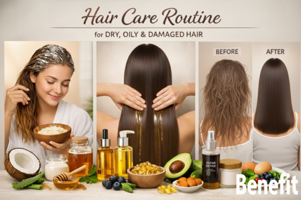 Three-panel image showing hair care routine: left – woman applying a mask on dry hair, middle – shiny clean oily hair, right – damaged hair with before & after results, including hair oils and healthy foods.