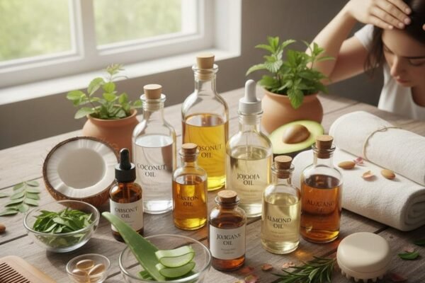 Natural hair oils and herbal ingredients for healthy hair growth.