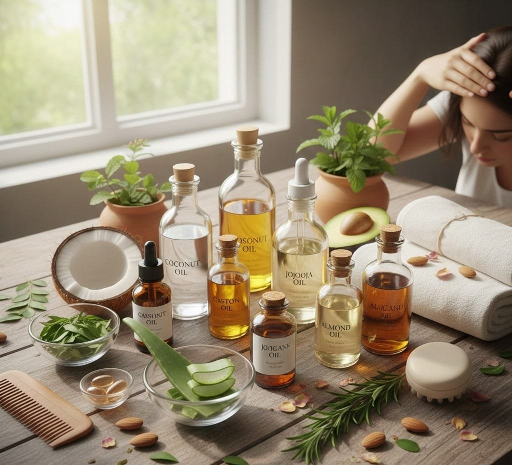 Natural hair oils and herbal ingredients for healthy hair growth.