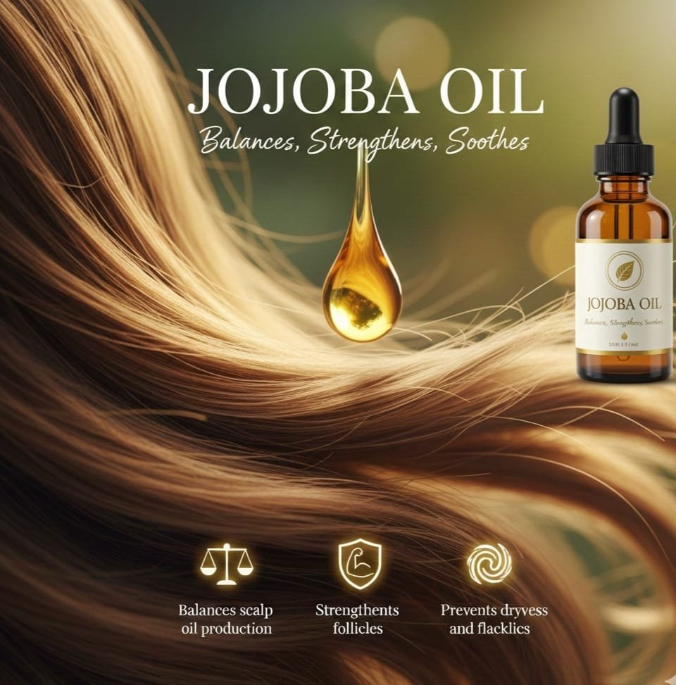 Jojoba oil for hair growth applied on scalp to balance oil and prevent dryness.
