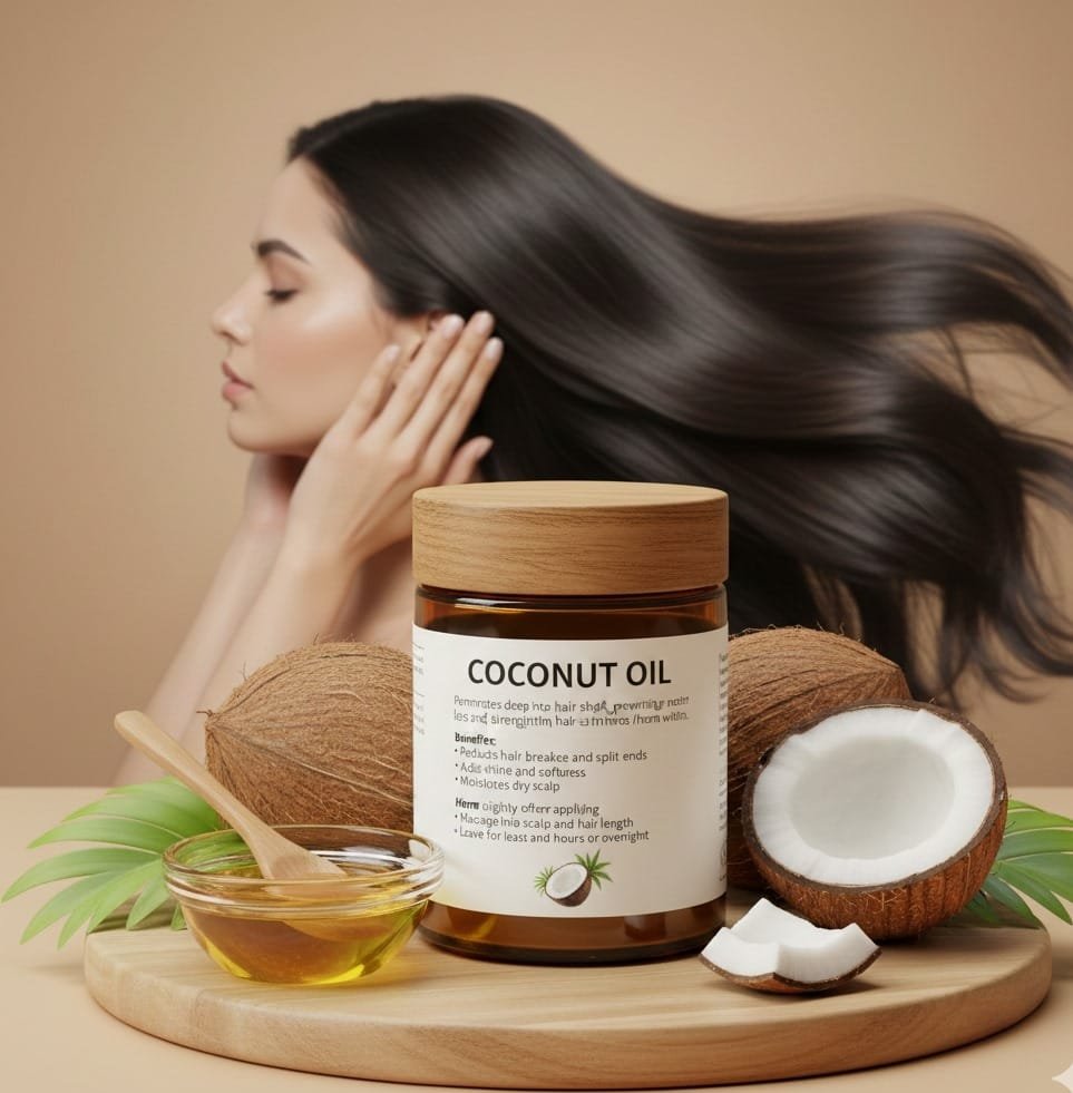 Coconut oil for hair growth with smooth, shiny long hair.