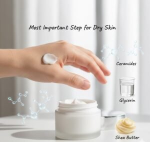 Moisturizer for dry skin care routine with ceramides, shea butter, and glycerin.
