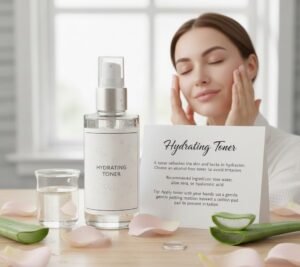 Hydrating toner bottle with rose water and aloe vera for dry skin care routine.